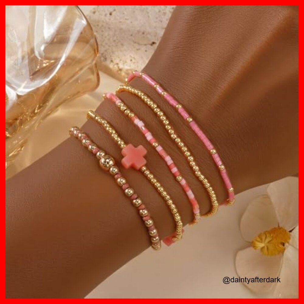 Gold Plated Stretch Bracelets Stack Set Boho Bead… - image 2